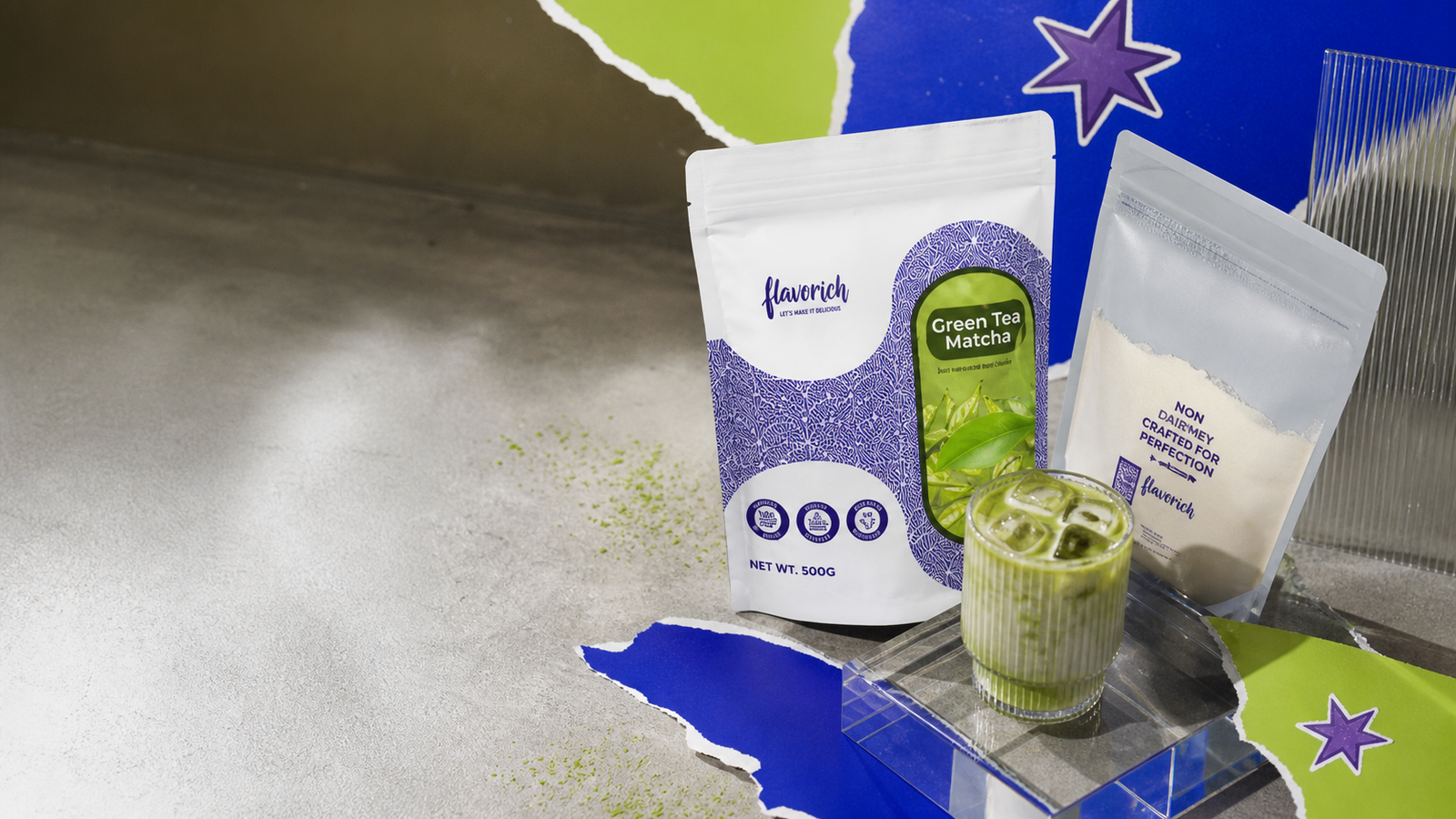 Kemasan powder Green Tea Matcha Flavorich dan contoh menu iced matcha latte