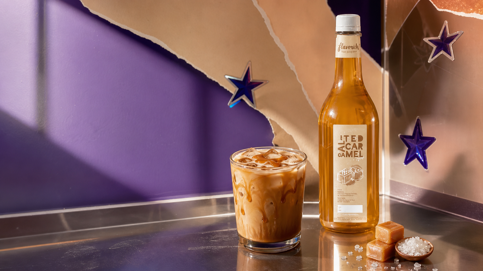 Botol syrup Salted Caramel Flavorich dan contoh menu iced salted caramel latte